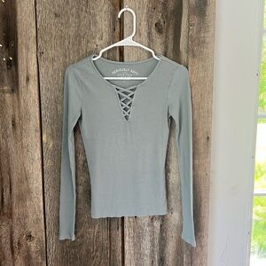 Aeropostale Green Fitted Ribbed Blouse with Tie Front